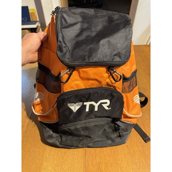 TYR Alliance 45L Large Swim Bag Backpack Orange and Navy Blue Triathlon - Picture 1 of 14